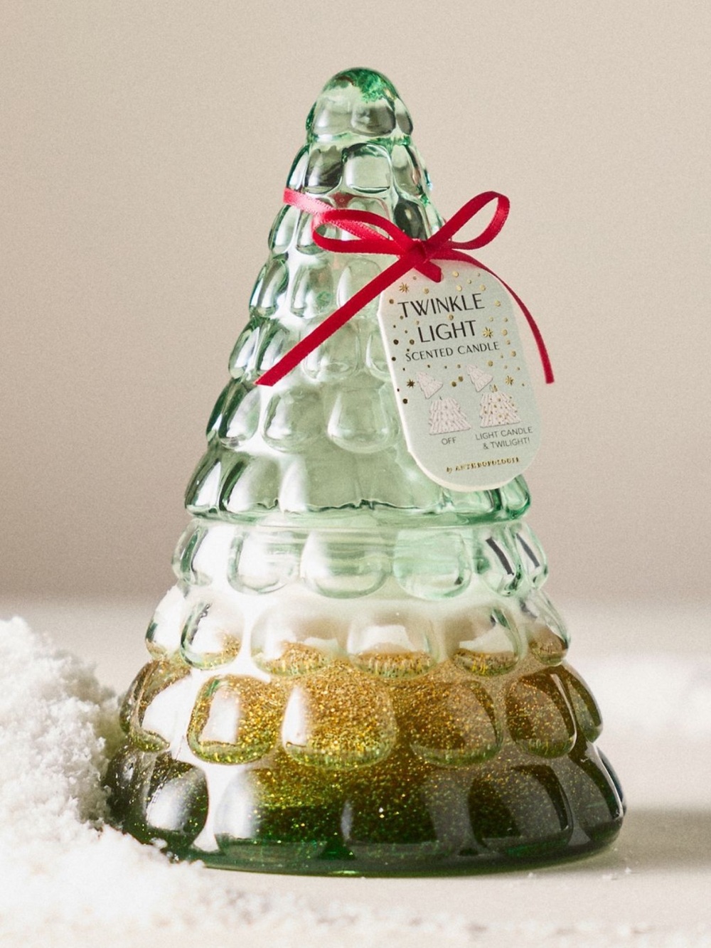 Anthropologie Green Glass Tree Candle with Red Ribbon